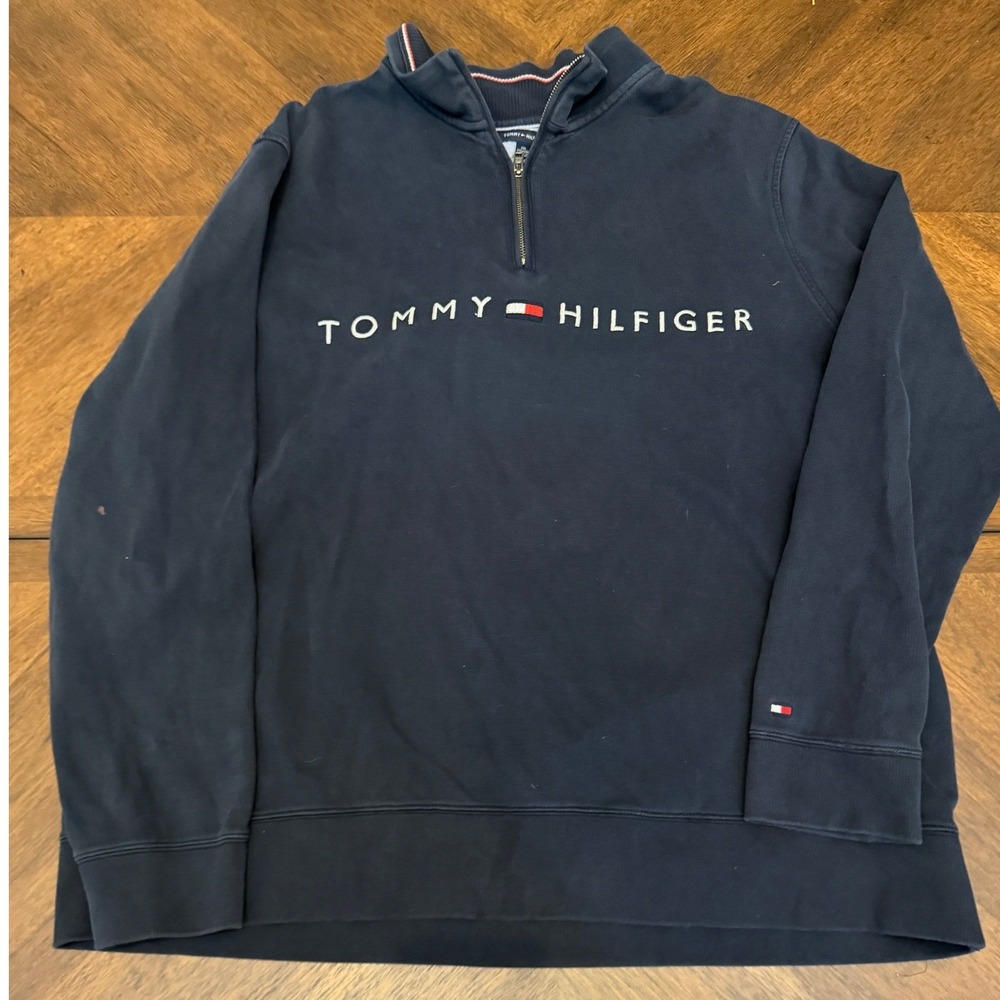 Tommy Hilfiger Mens Navy Blue Quarter Zip Logo Sweatshirt XXL